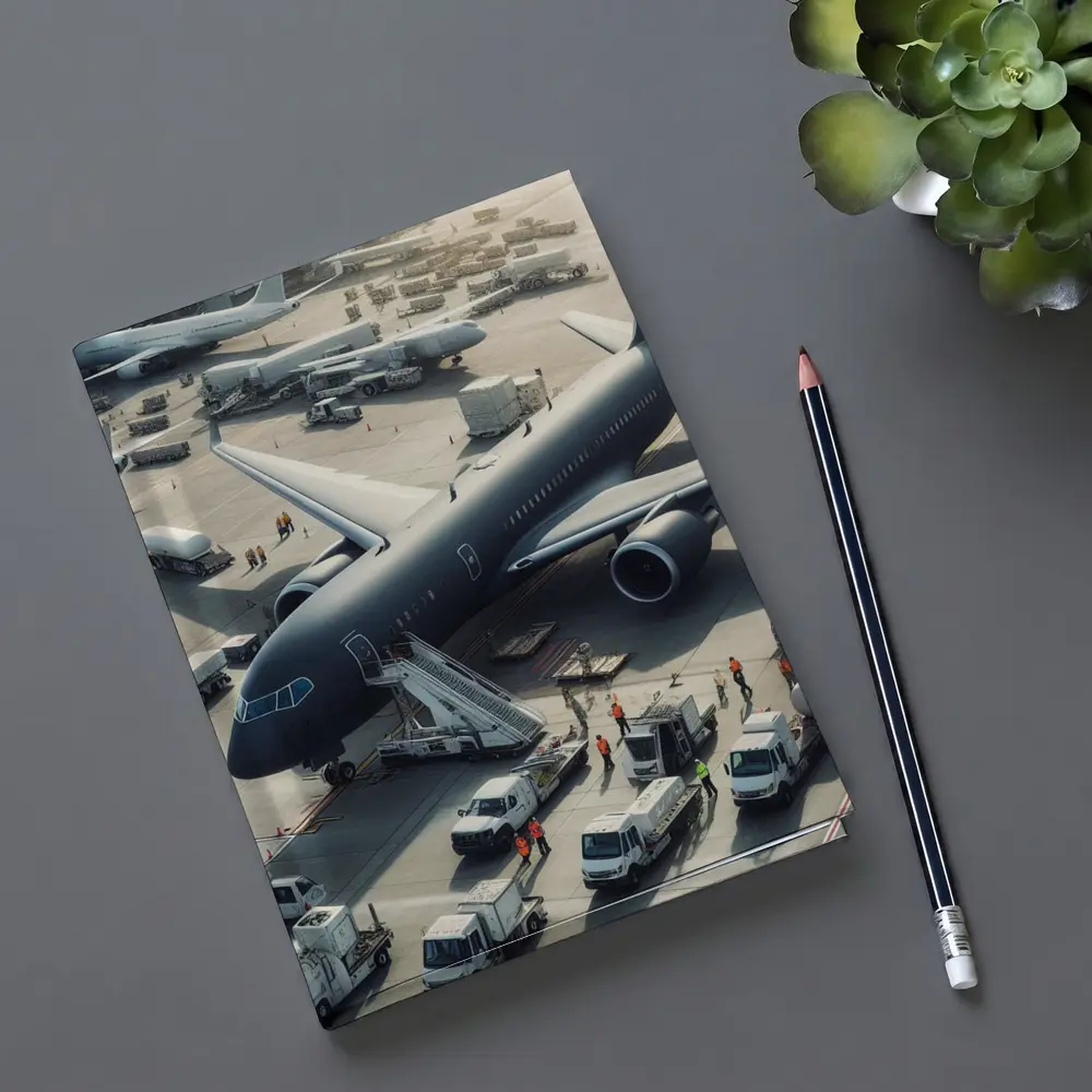 Dark Airplane on Busy Airport Tarmac – Notebooks