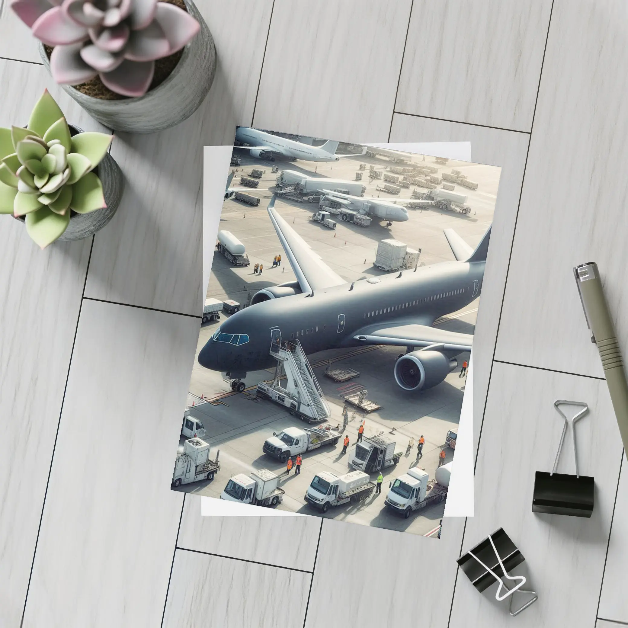 Dark Airplane on Busy Airport Tarmac – Postcards