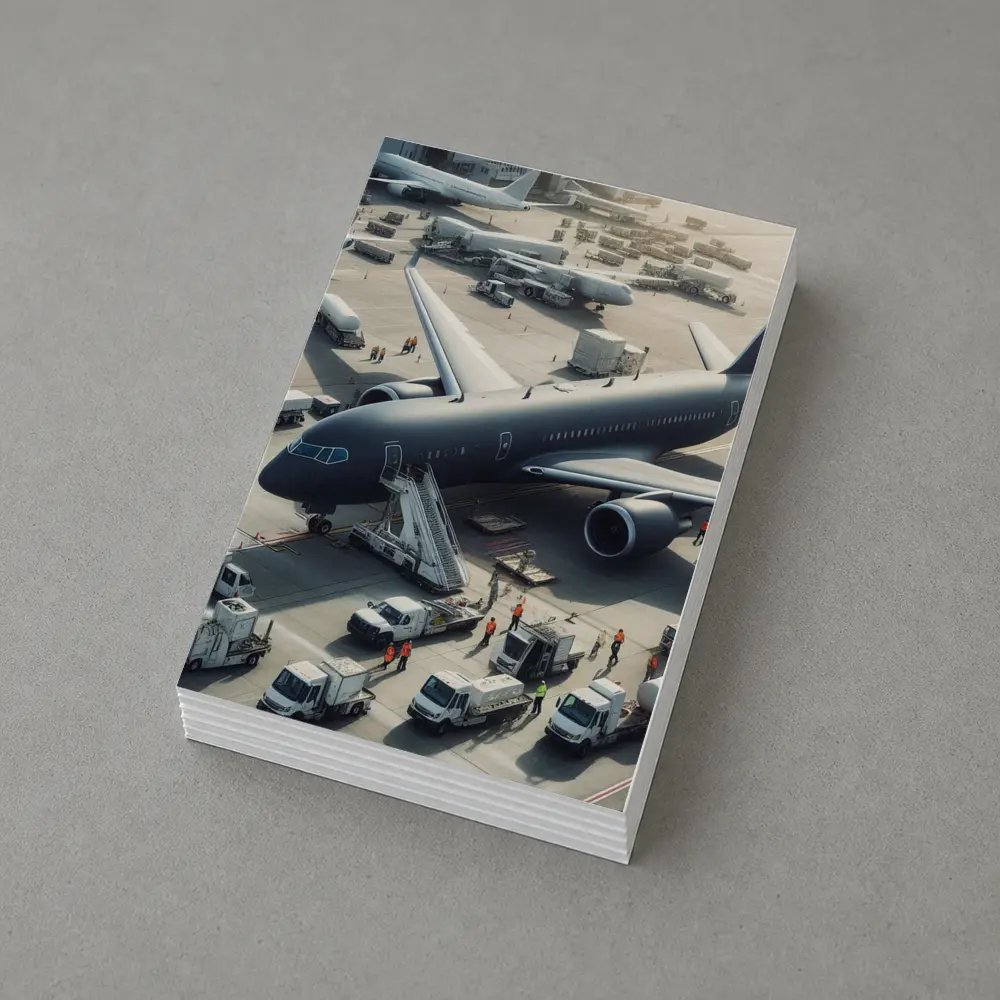 Dark Airplane on Busy Airport Tarmac – Postcards