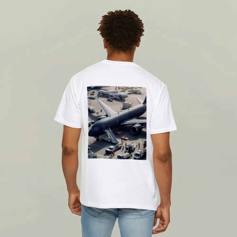 Dark Airplane on Busy Airport Tarmac – T-Shirts