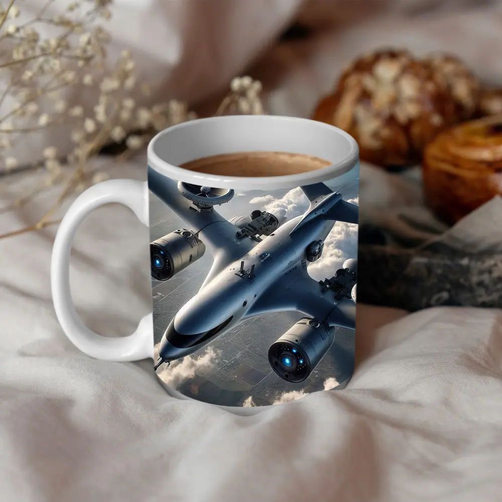 Futuristic Military Drone Aircraft Above Clouds – Mugs