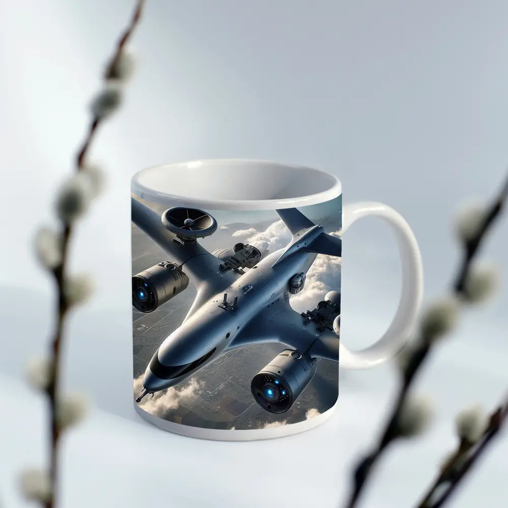 Futuristic Military Drone Aircraft Above Clouds – Mugs