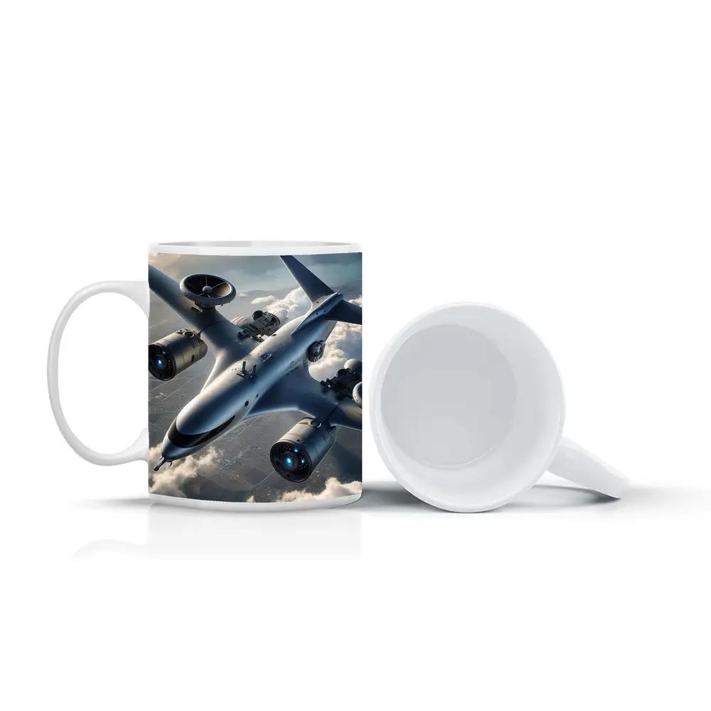 Futuristic Military Drone Aircraft Above Clouds – Mugs