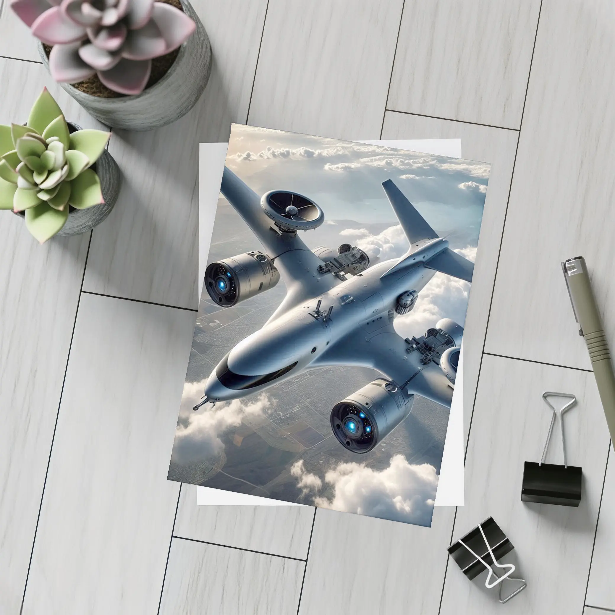 Futuristic Military Drone Aircraft Above Clouds – Postcards