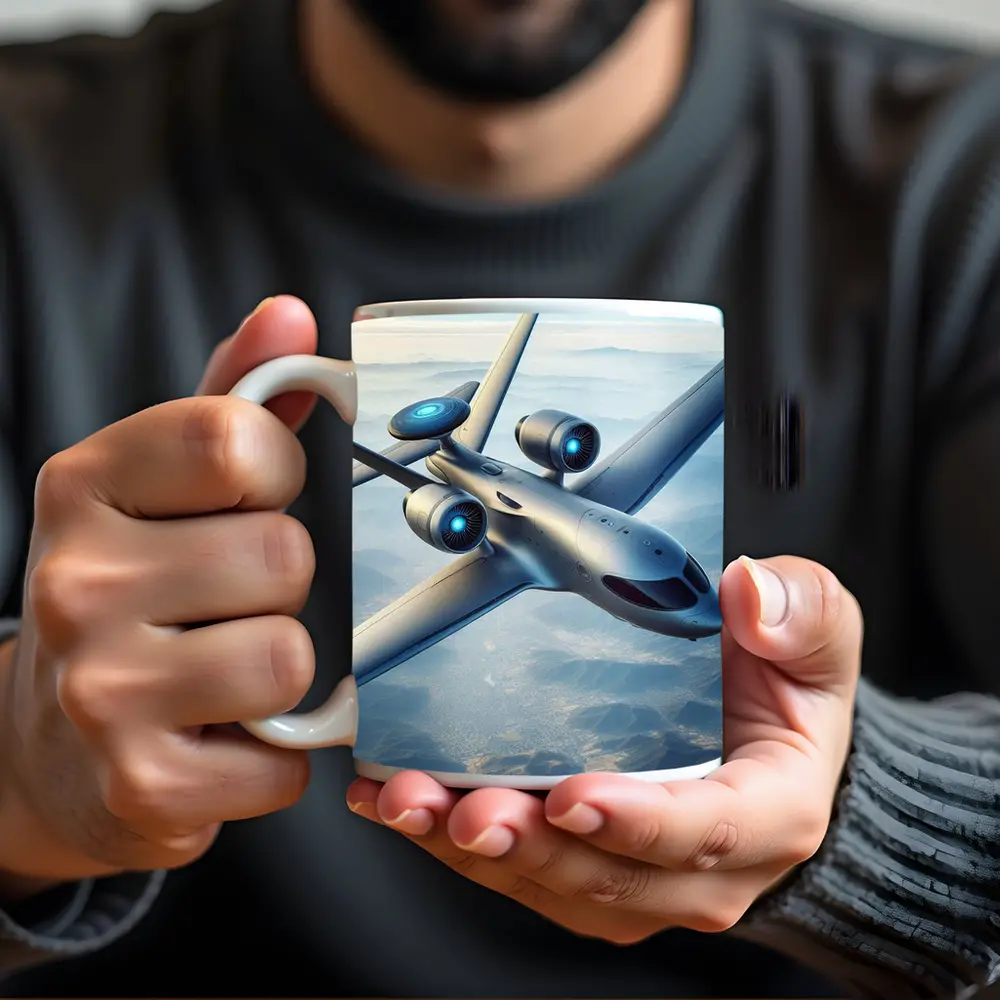 Futuristic Concept Jet Flying Over Mountains – Mugs