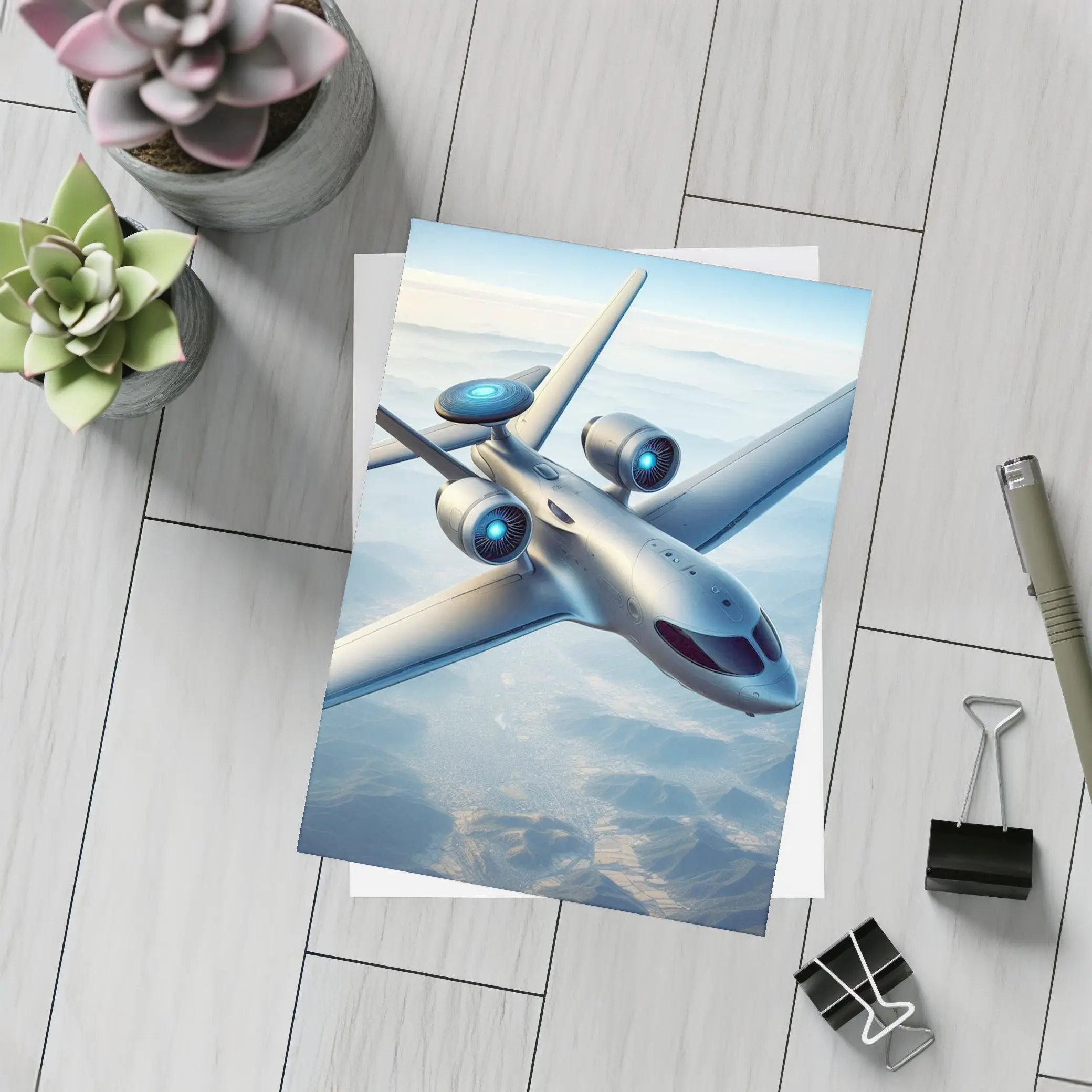 Futuristic Concept Jet Flying Over Mountains – Postcards