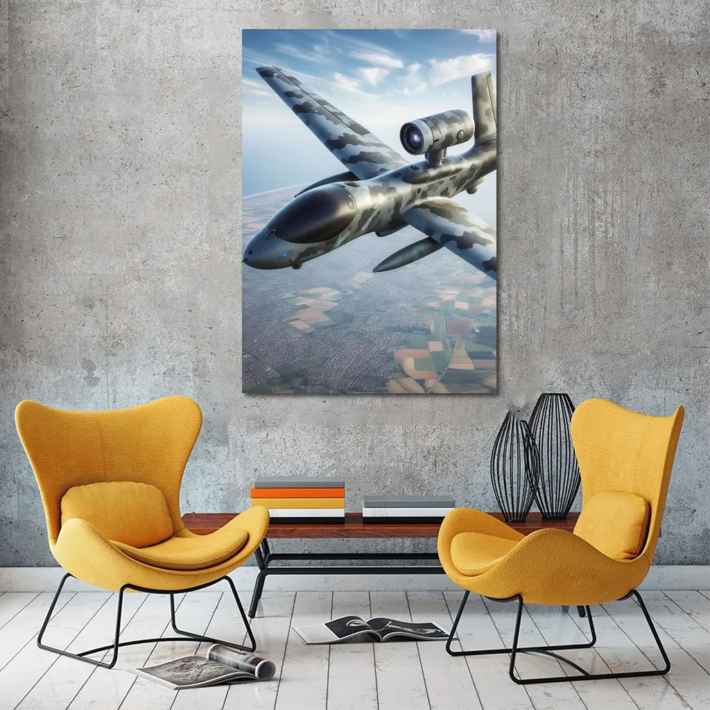 Military Camouflage Drone Flying Over Fields – Wall Art