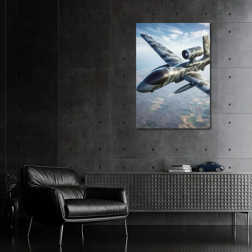 Military Camouflage Drone Flying Over Fields – Wall Art