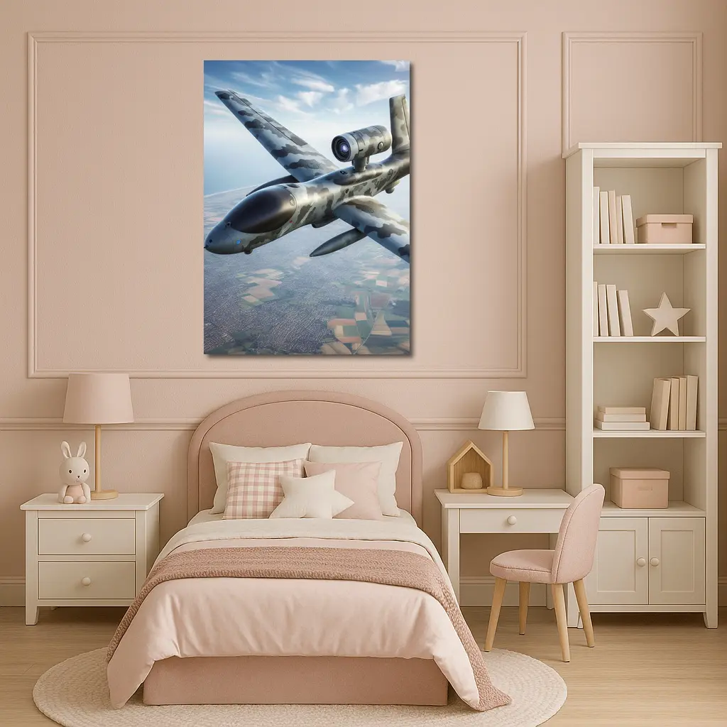 Military Camouflage Drone Flying Over Fields – Wall Art