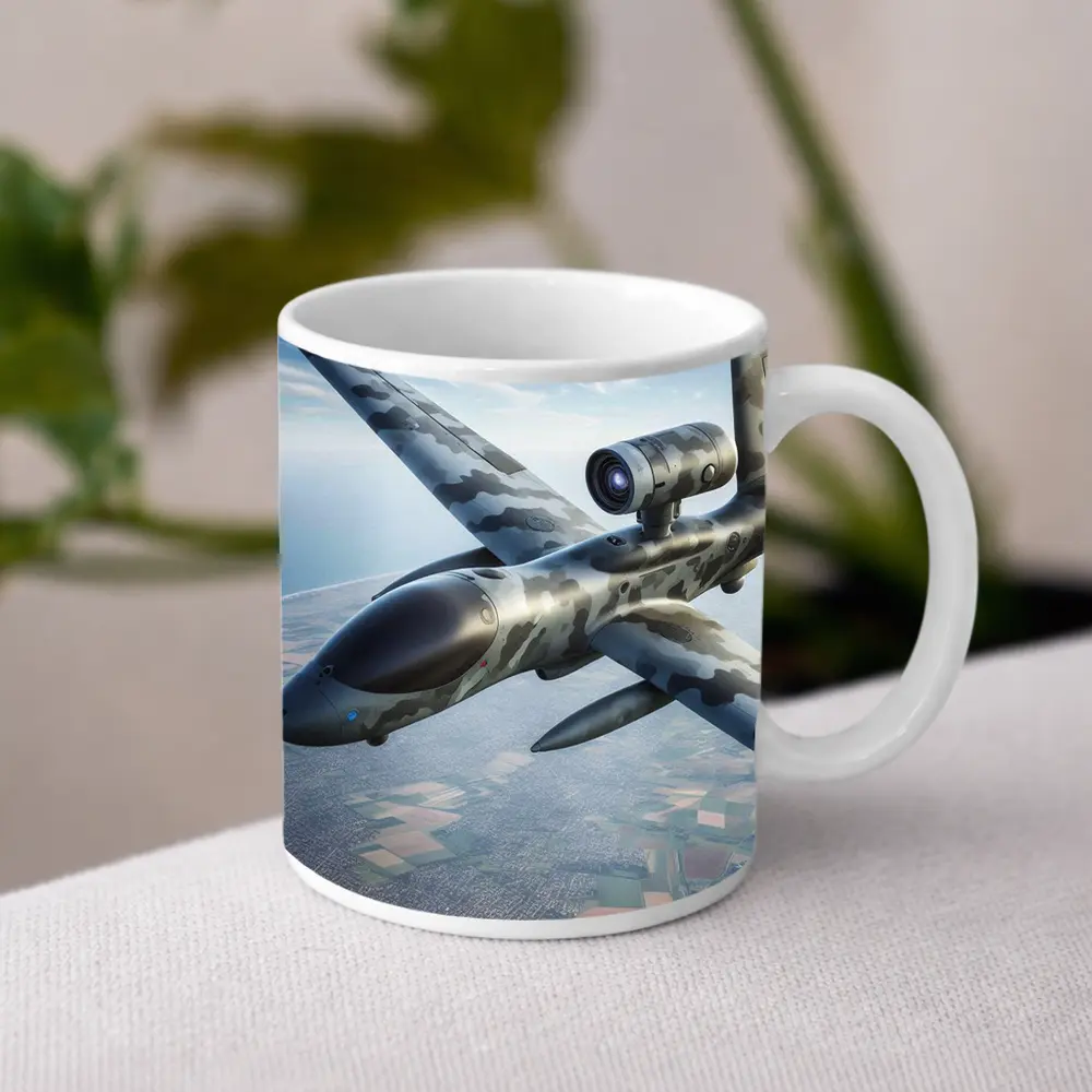 Military Camouflage Drone Flying Over Fields – Mugs