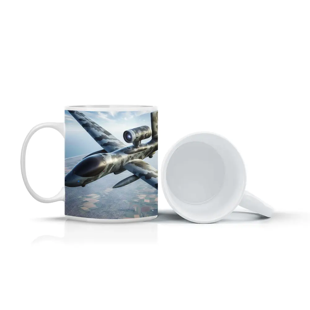Military Camouflage Drone Flying Over Fields – Mugs
