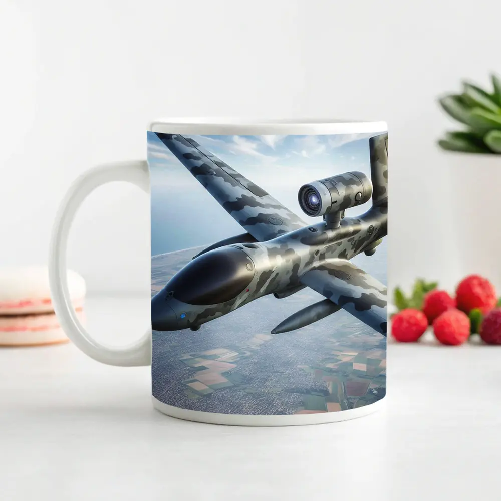 Military Camouflage Drone Flying Over Fields – Mugs