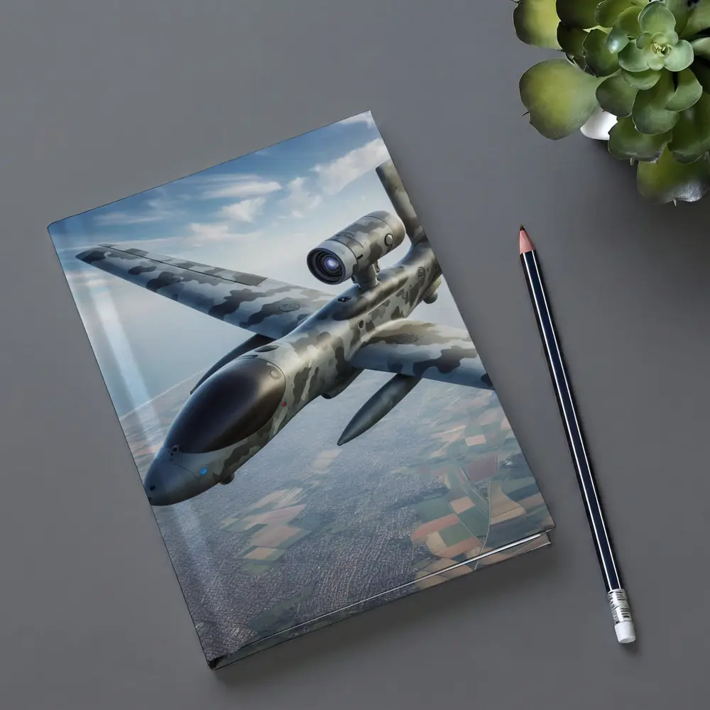 Military Camouflage Drone Flying Over Fields – Notebooks