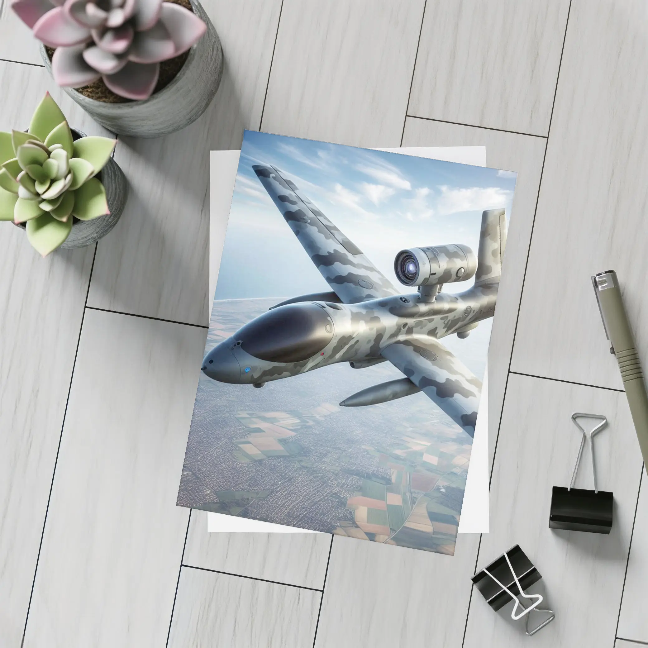 Military Camouflage Drone Flying Over Fields – Postcards