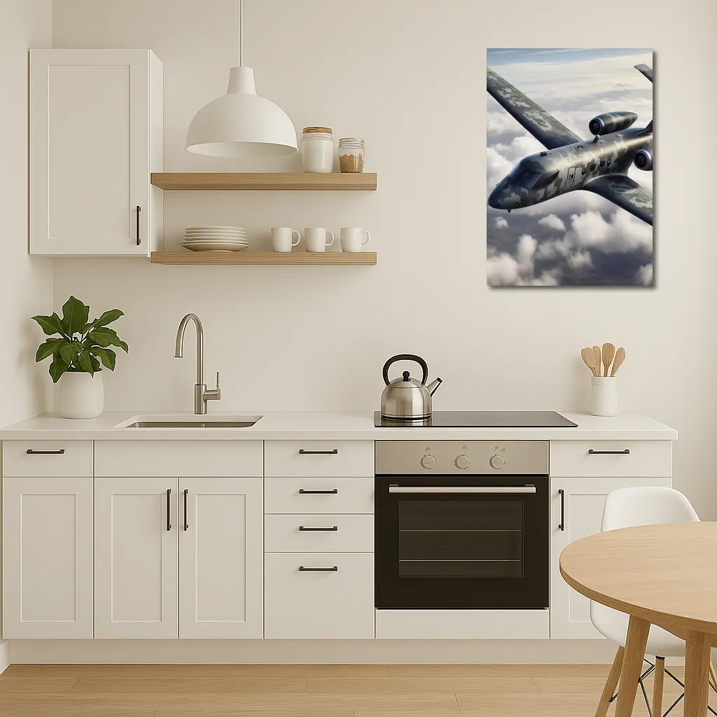 Camouflage Military Jet Flying Above Clouds – Wall Art