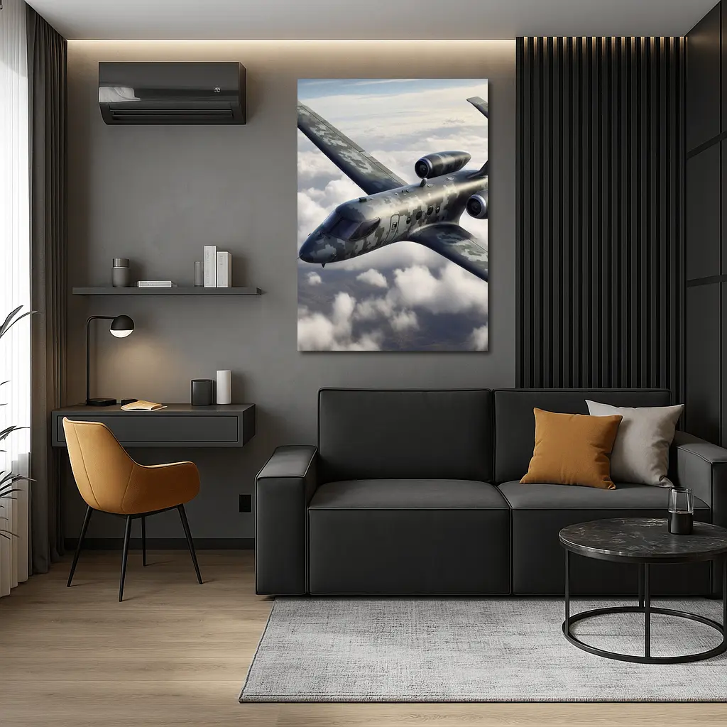 Camouflage Military Jet Flying Above Clouds – Wall Art
