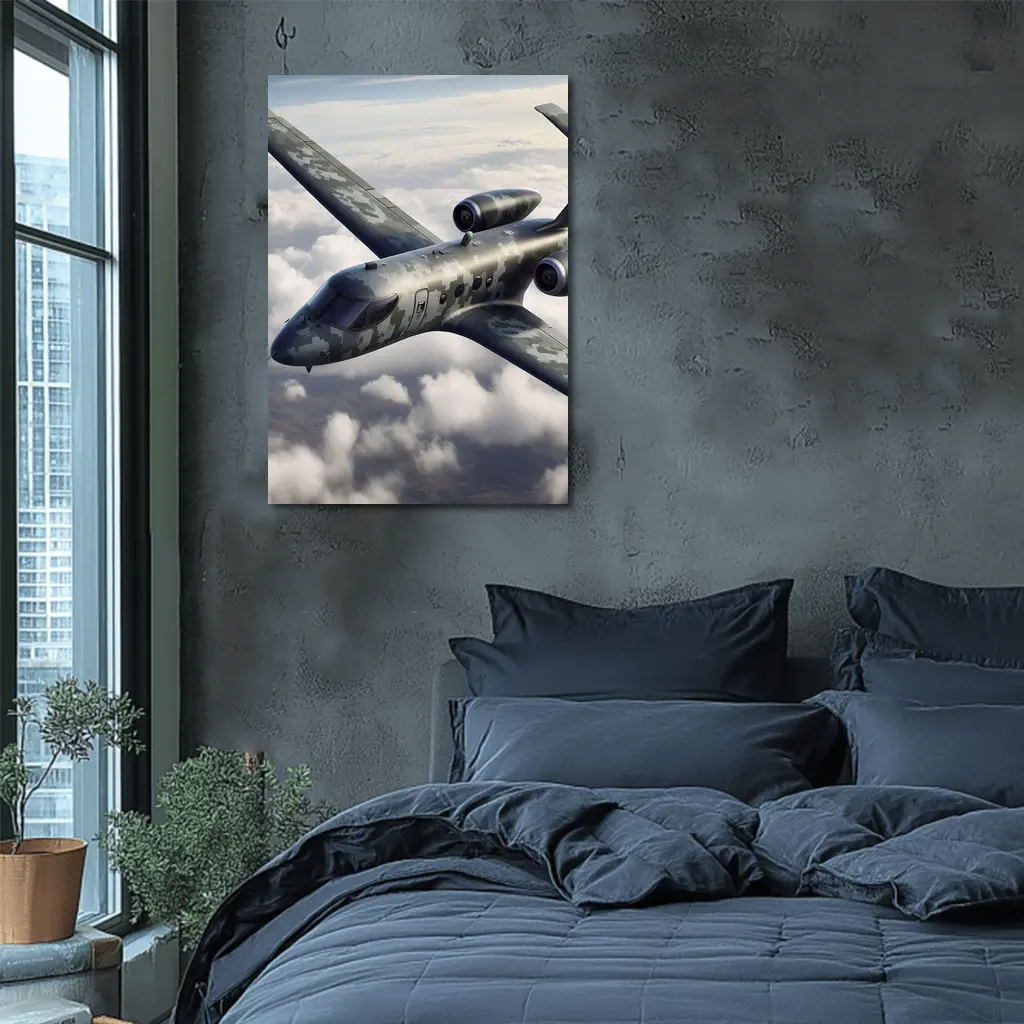 Camouflage Military Jet Flying Above Clouds – Wall Art