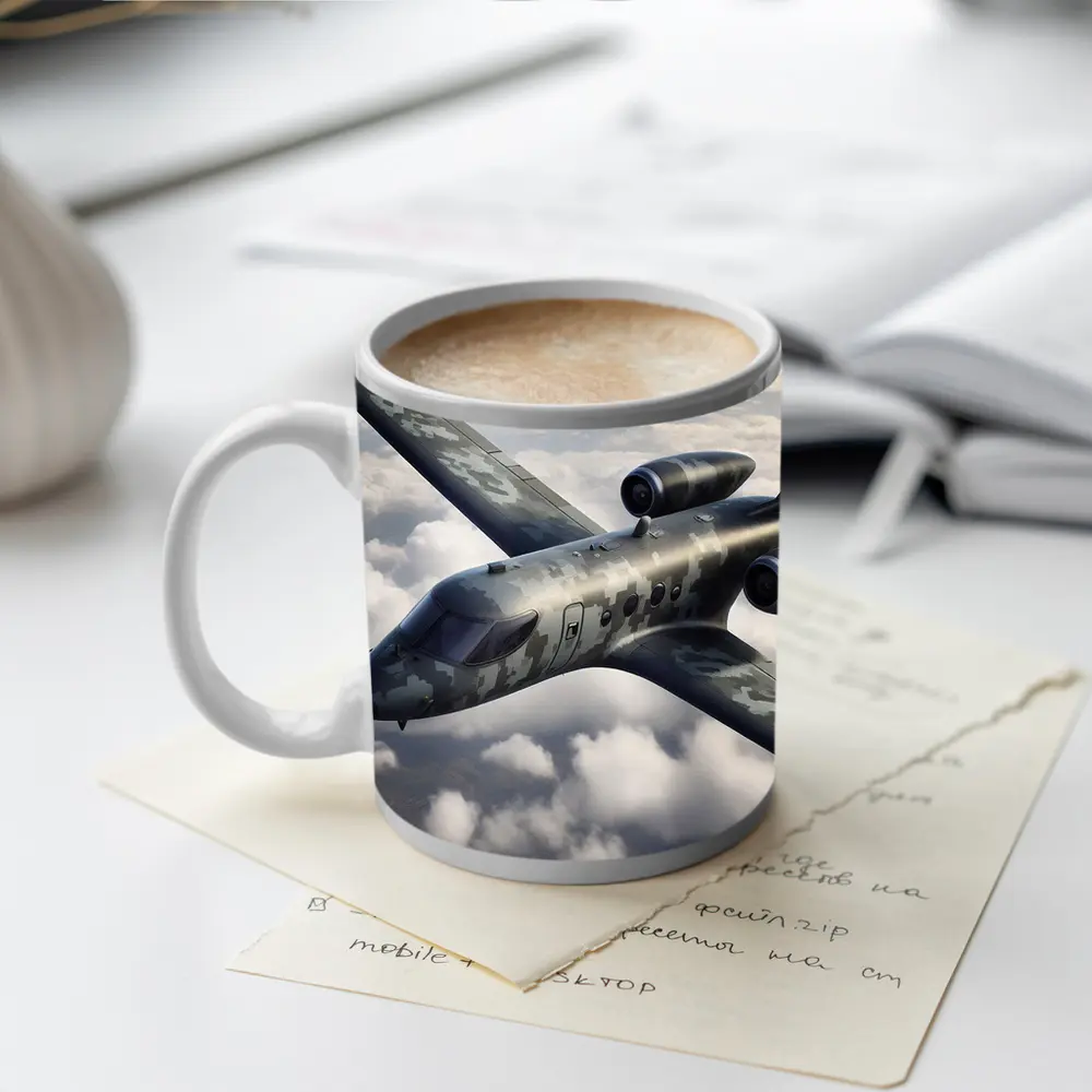 Camouflage Military Jet Flying Above Clouds – Mugs