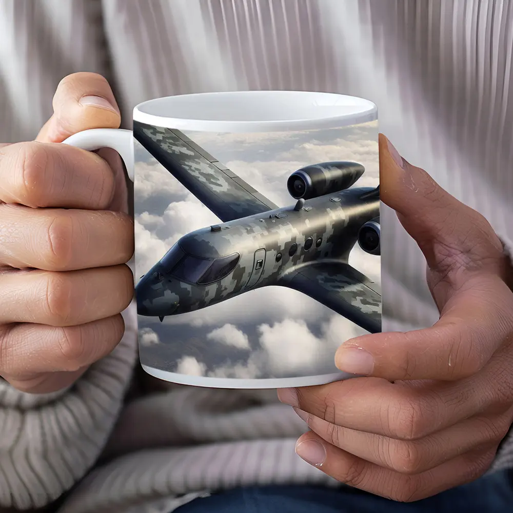 Camouflage Military Jet Flying Above Clouds – Mugs