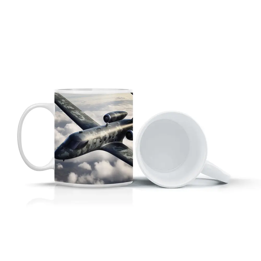 Camouflage Military Jet Flying Above Clouds – Mugs
