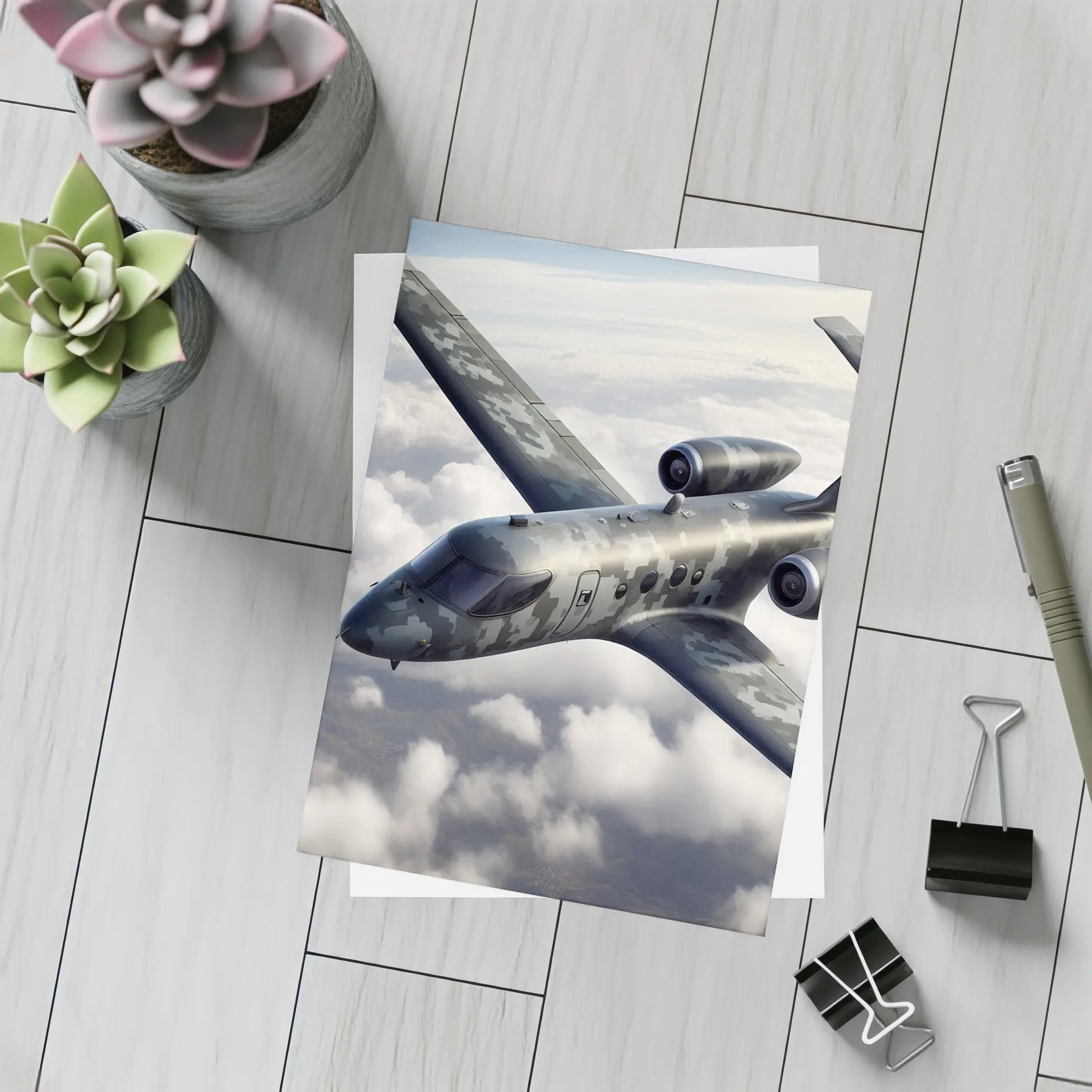 Camouflage Military Jet Flying Above Clouds – Postcards
