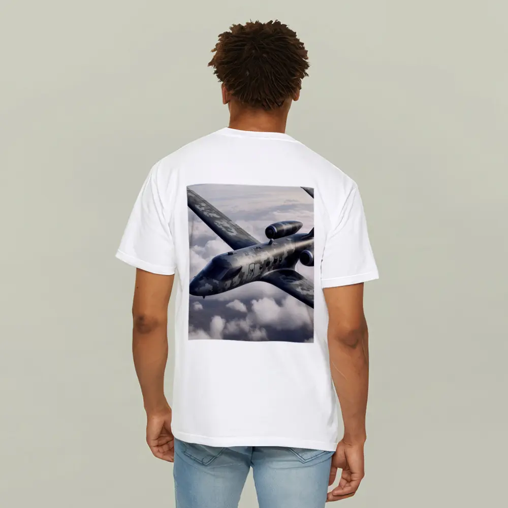 Camouflage Military Jet Flying Above Clouds – T-Shirts