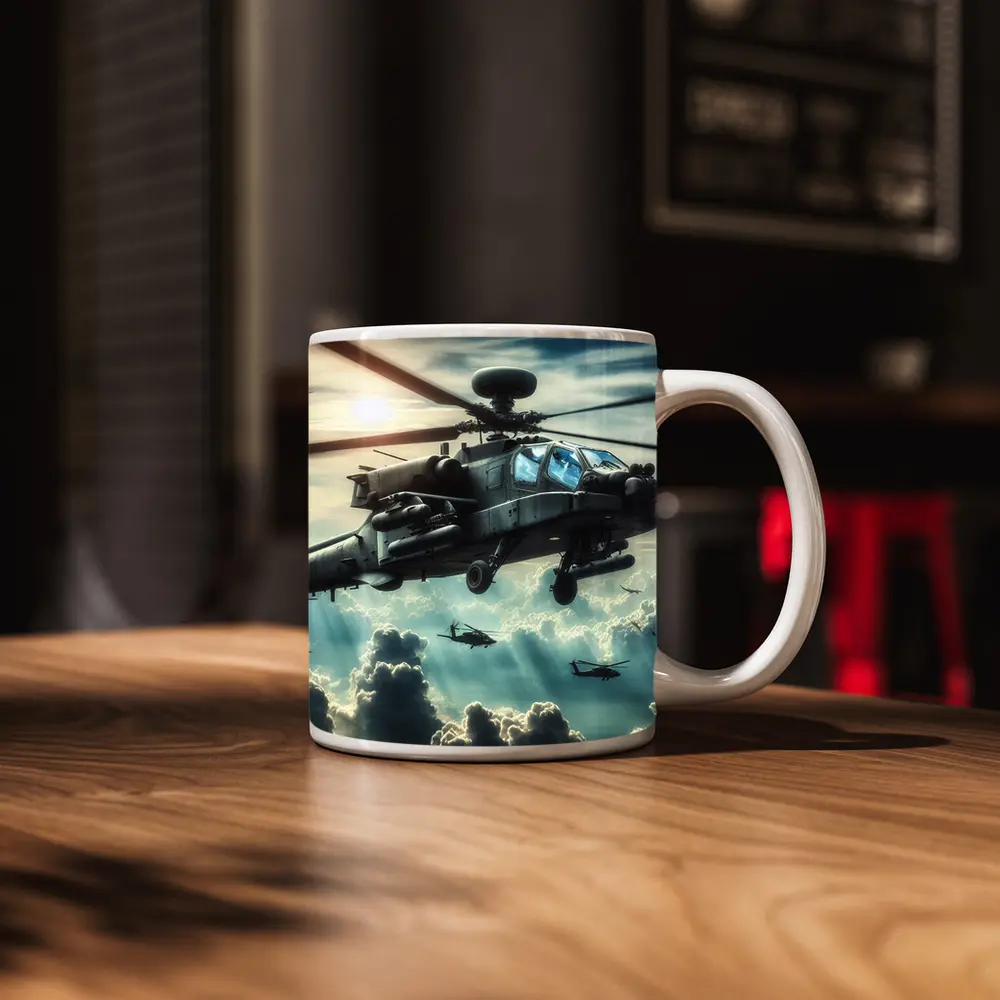 Apache Attack Helicopter Flying Above Clouds – Mugs
