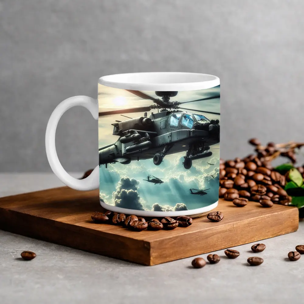 Apache Attack Helicopter Flying Above Clouds – Mugs