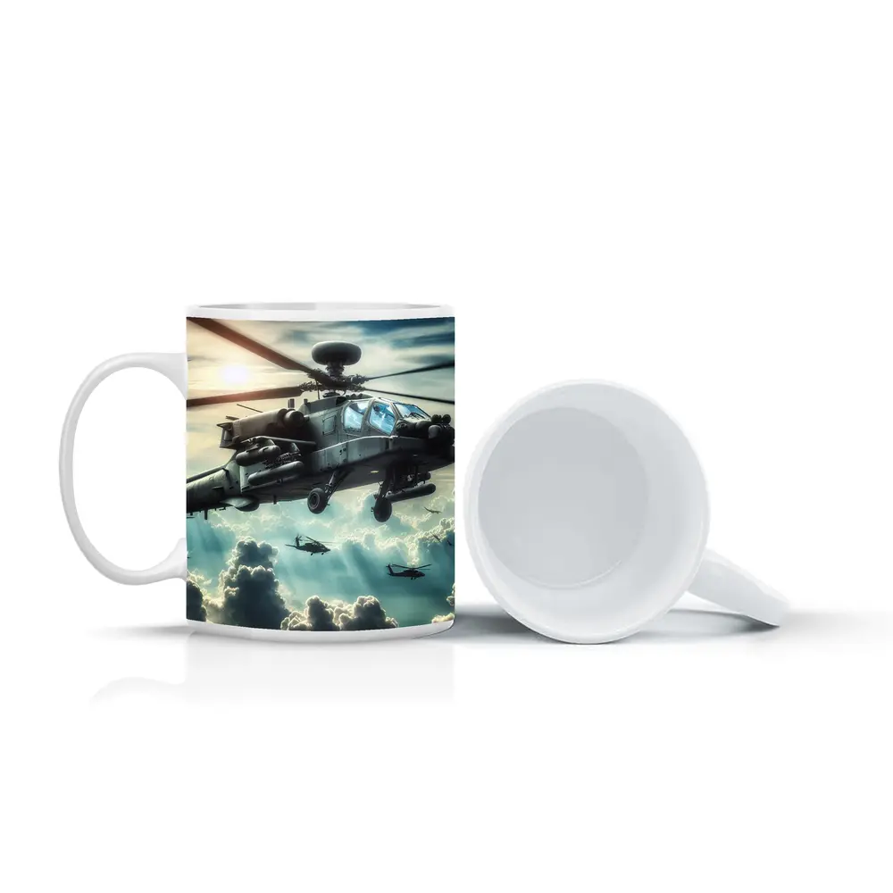 Apache Attack Helicopter Flying Above Clouds – Mugs