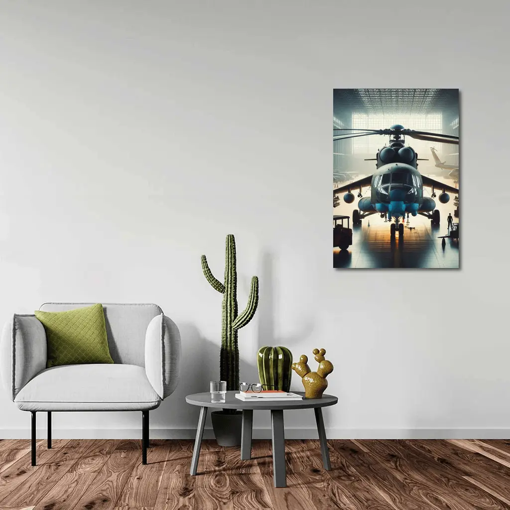 Military Helicopter Inside Hangar Dramatic Light – Wall Art