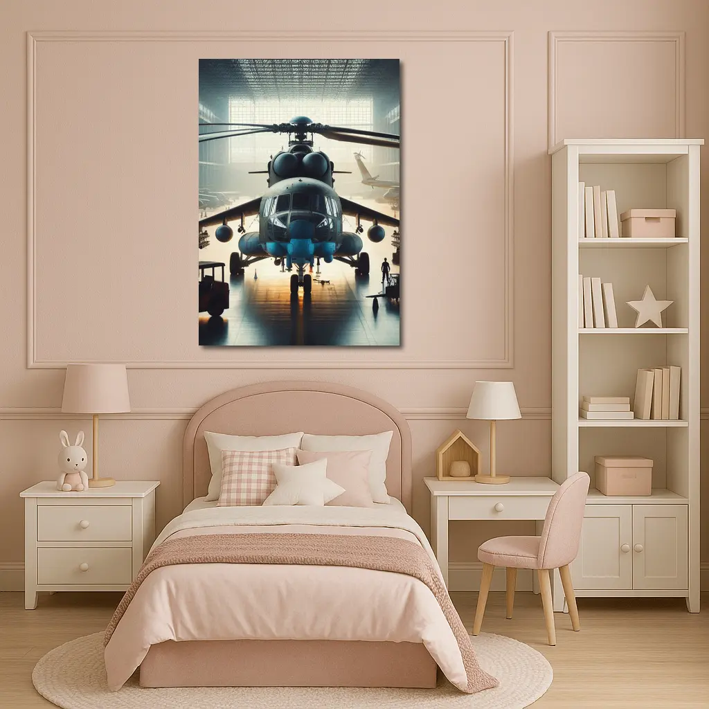 Military Helicopter Inside Hangar Dramatic Light – Wall Art