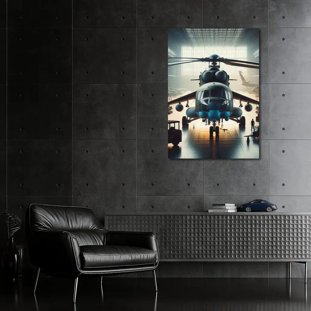 Military Helicopter Inside Hangar Dramatic Light – Wall Art