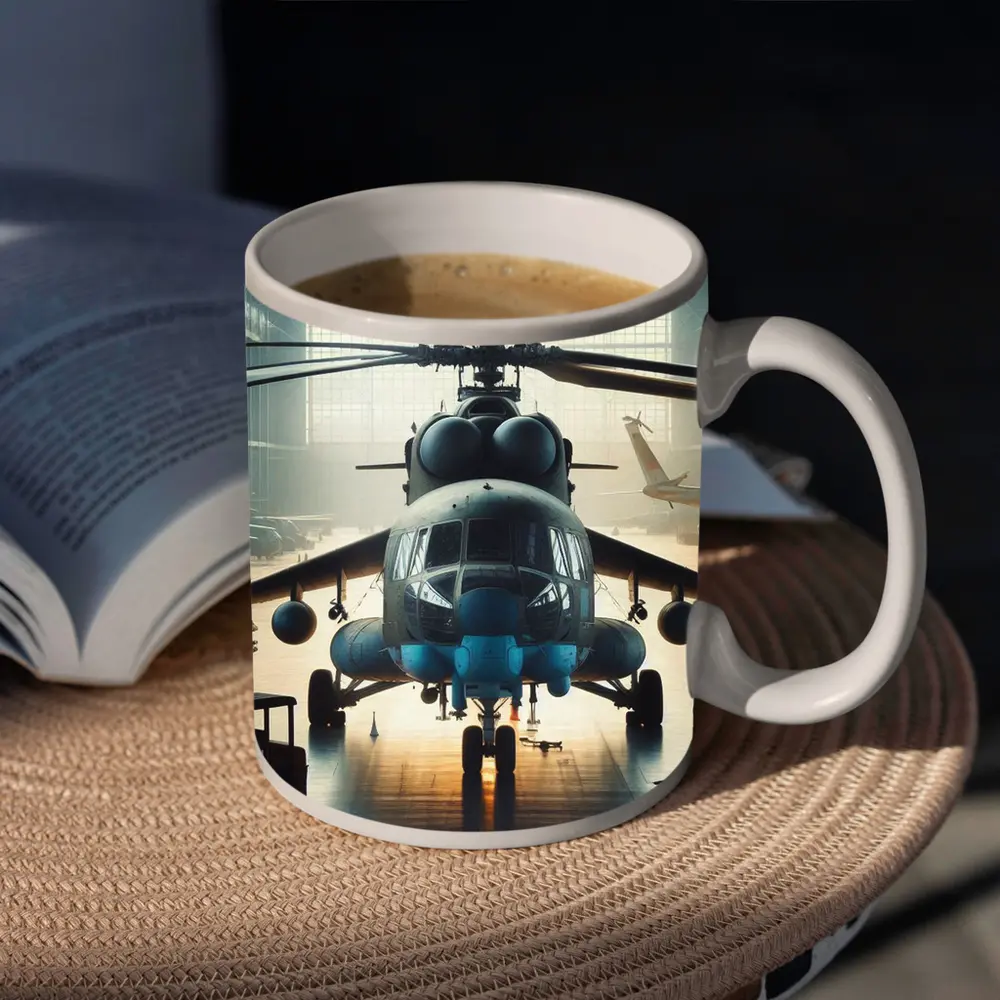 Military Helicopter Inside Hangar Dramatic Light – Mugs