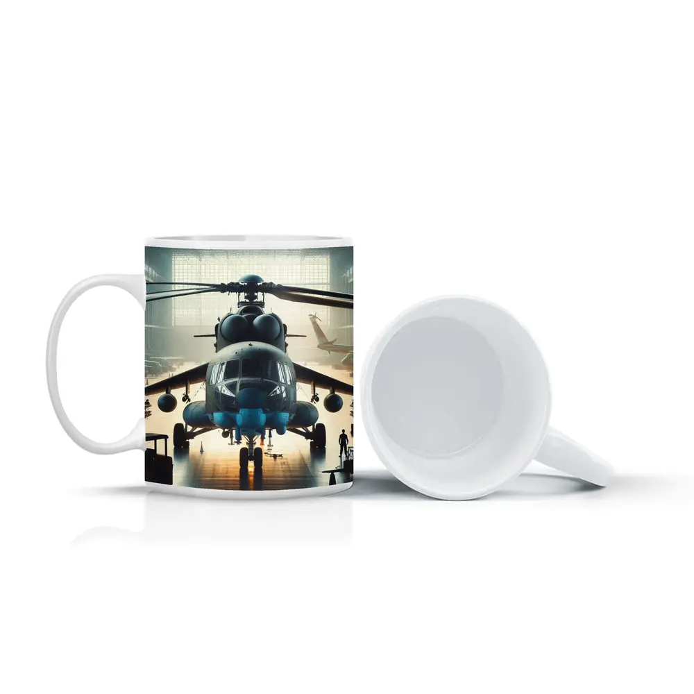 Military Helicopter Inside Hangar Dramatic Light – Mugs