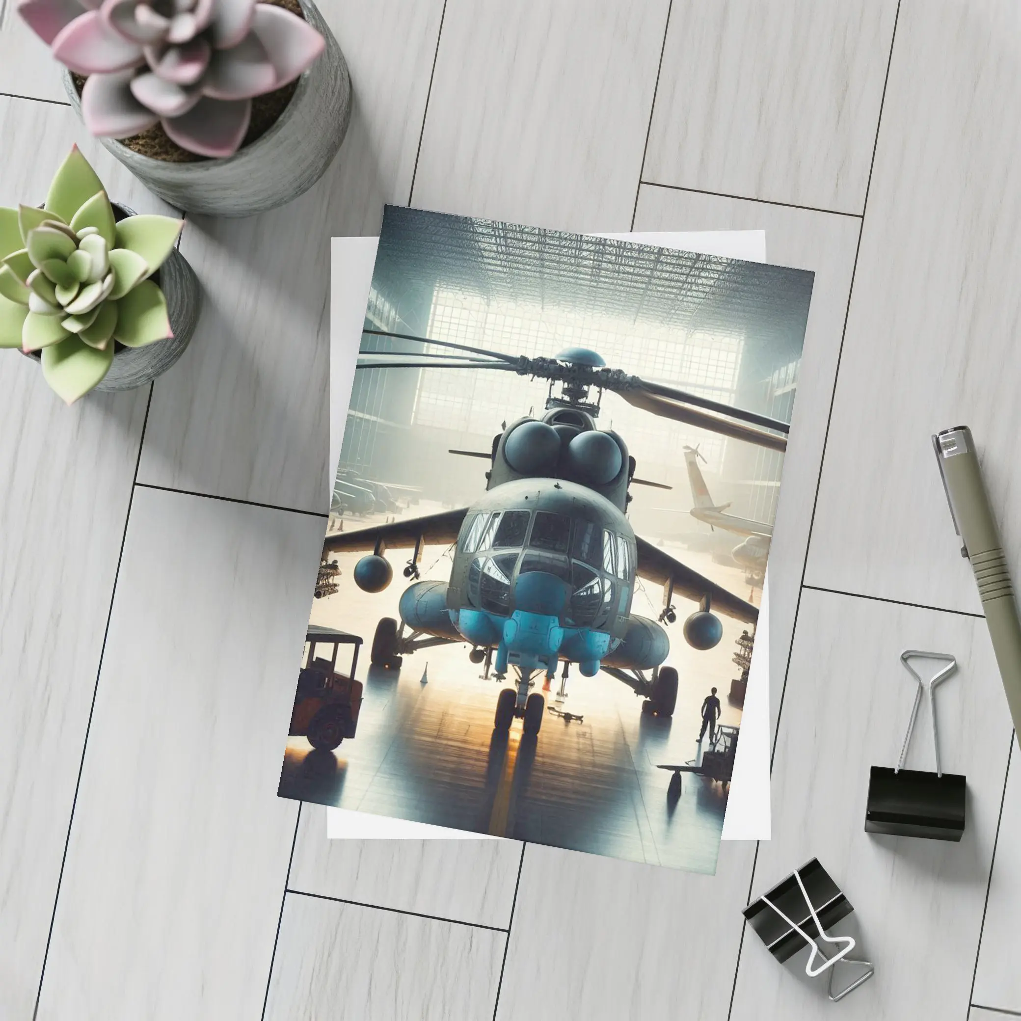 Military Helicopter Inside Hangar Dramatic Light – Postcards