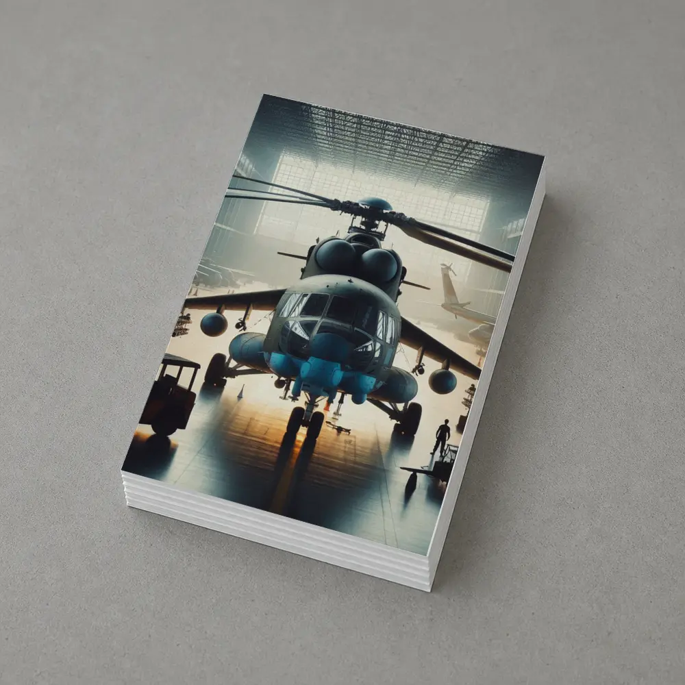 Military Helicopter Inside Hangar Dramatic Light – Postcards