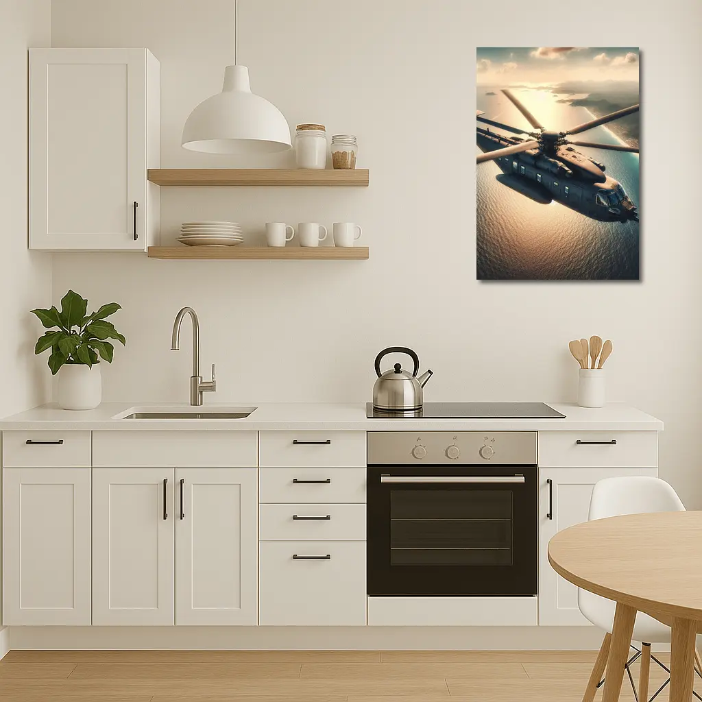 Military Helicopter Flying Over Ocean Sunset – Wall Art