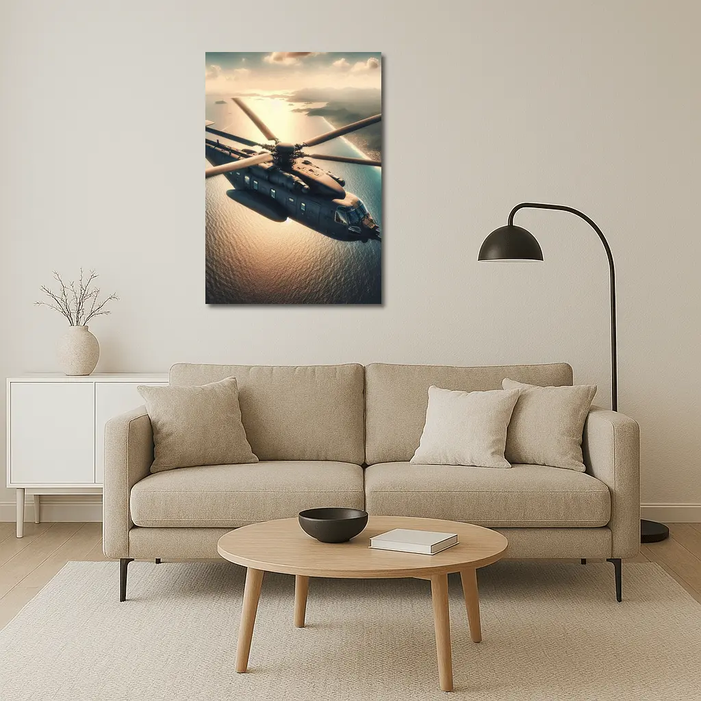 Military Helicopter Flying Over Ocean Sunset – Wall Art