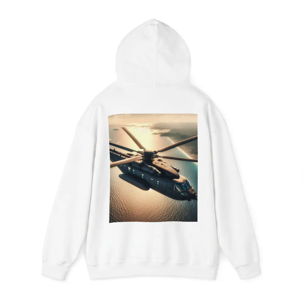 Military Helicopter Flying Over Ocean Sunset – Hoodies