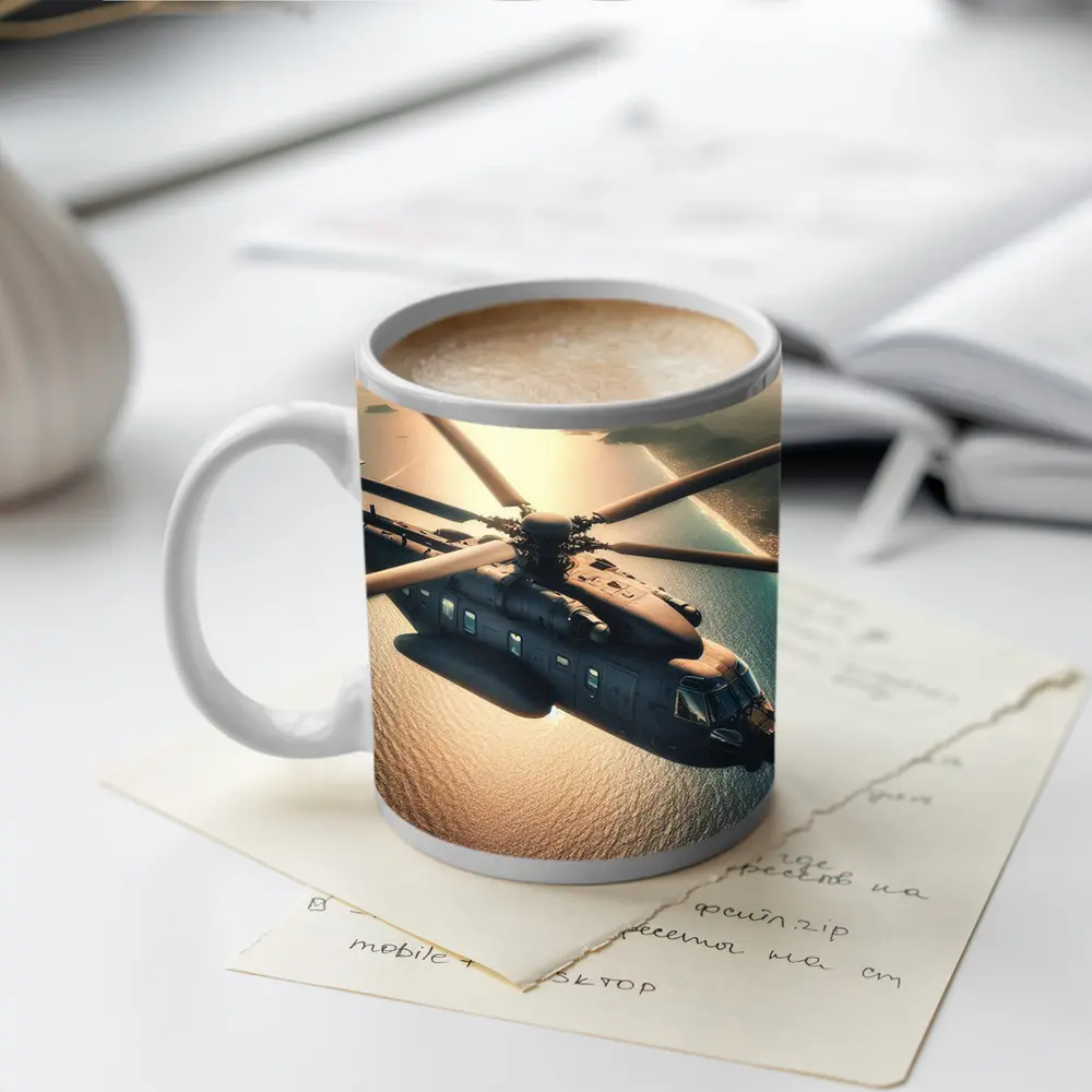 Military Helicopter Flying Over Ocean Sunset – Mugs