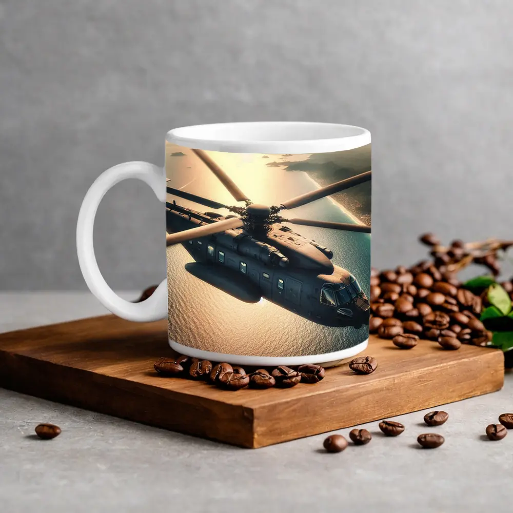 Military Helicopter Flying Over Ocean Sunset – Mugs