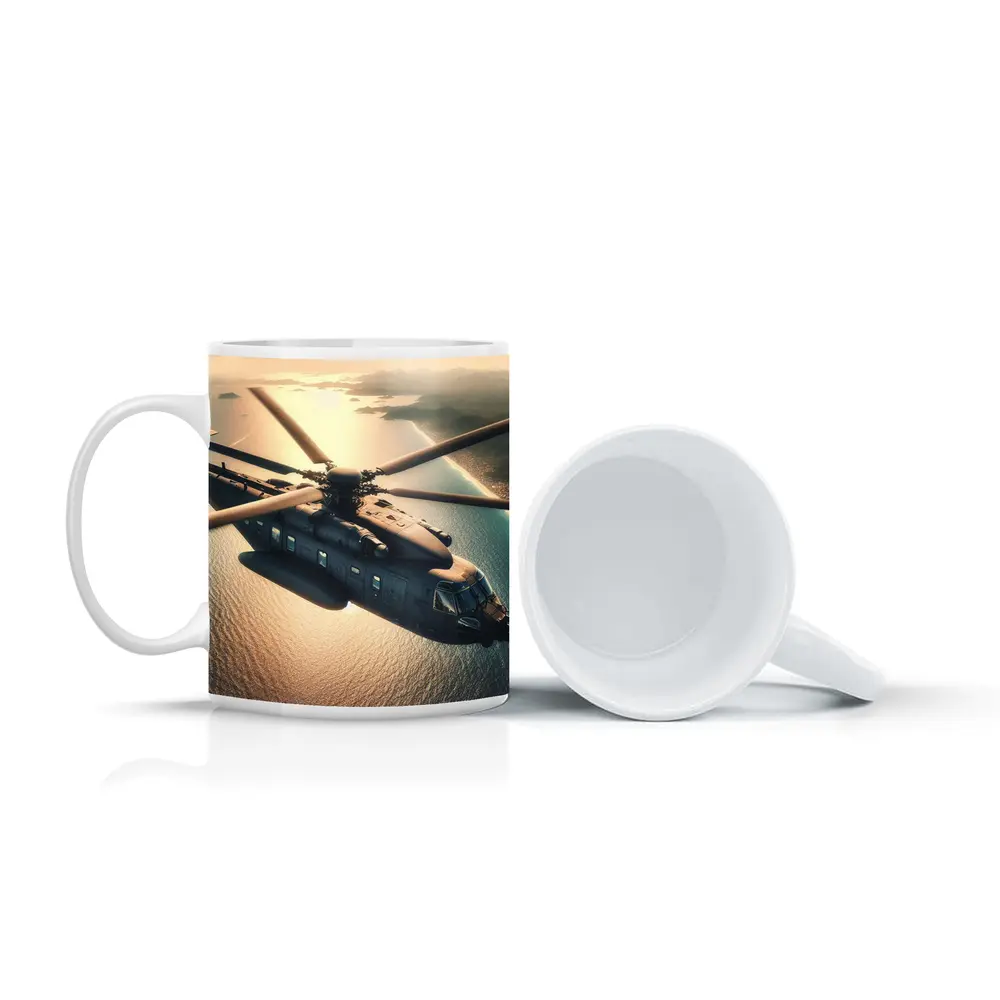 Military Helicopter Flying Over Ocean Sunset – Mugs