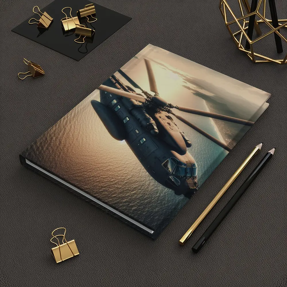 Military Helicopter Flying Over Ocean Sunset – Notebooks