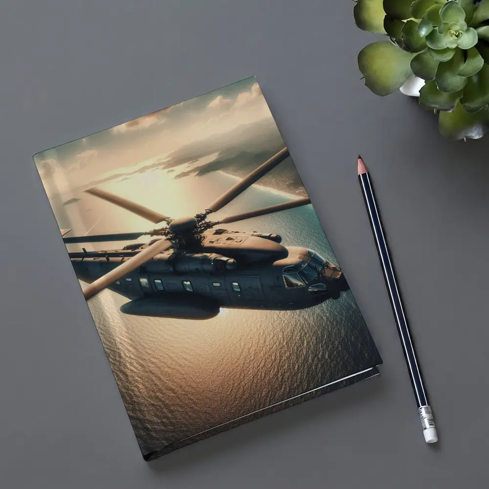 Military Helicopter Flying Over Ocean Sunset – Notebooks