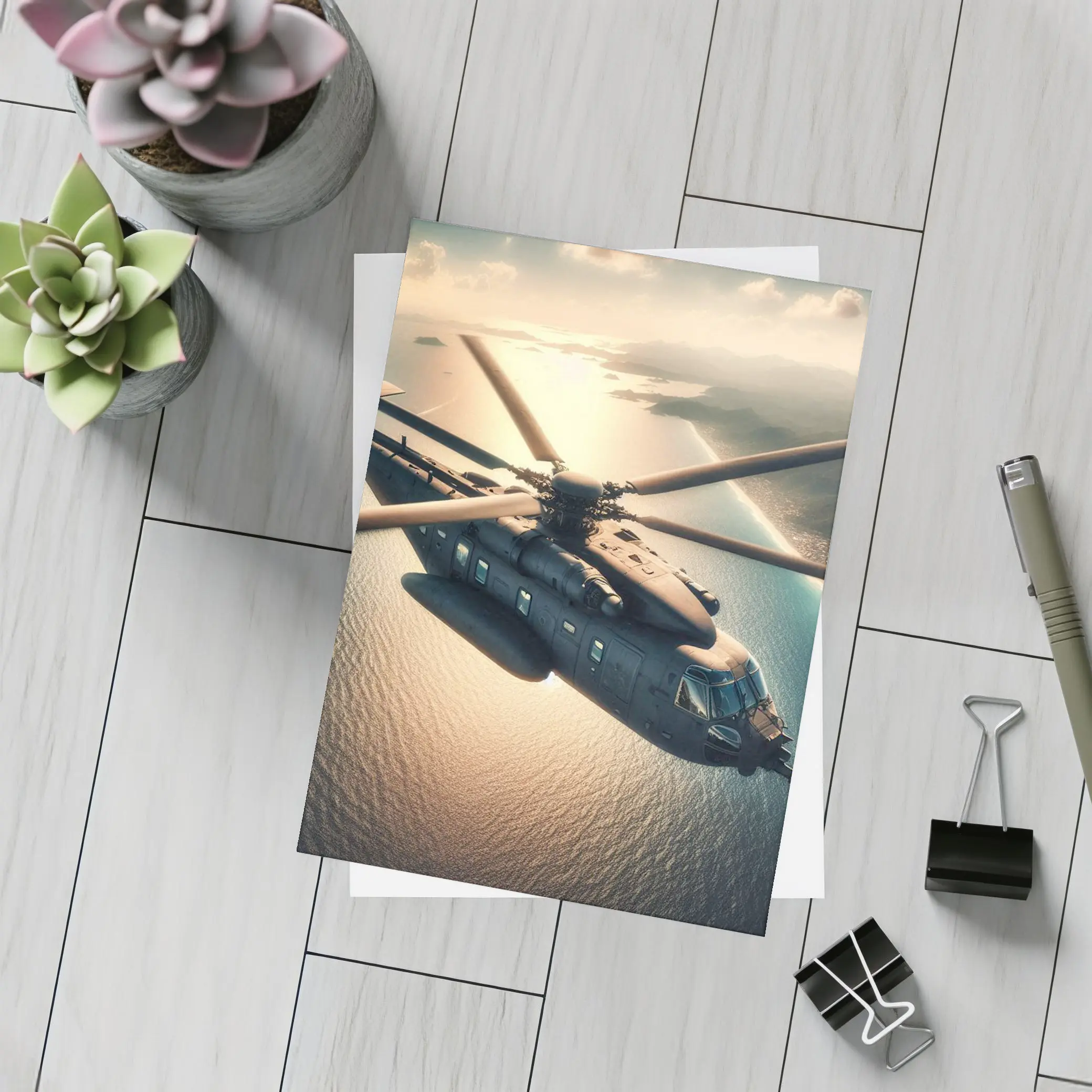 Military Helicopter Flying Over Ocean Sunset – Postcards