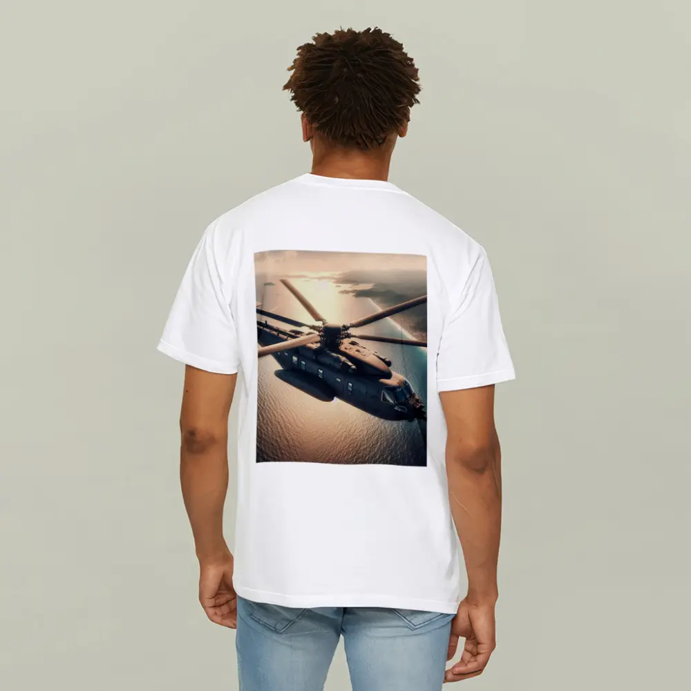 Military Helicopter Flying Over Ocean Sunset – T-Shirts