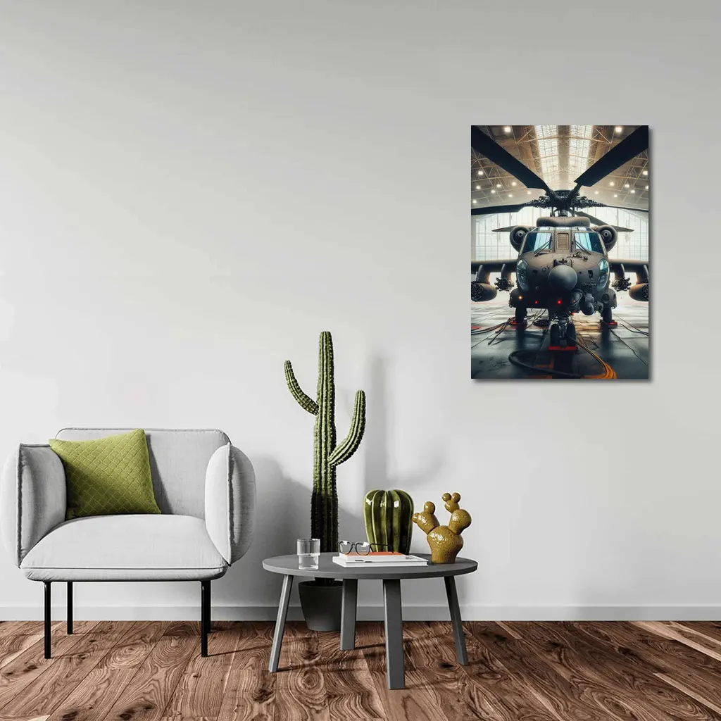 Military Attack Helicopter Inside Hangar – Wall Art