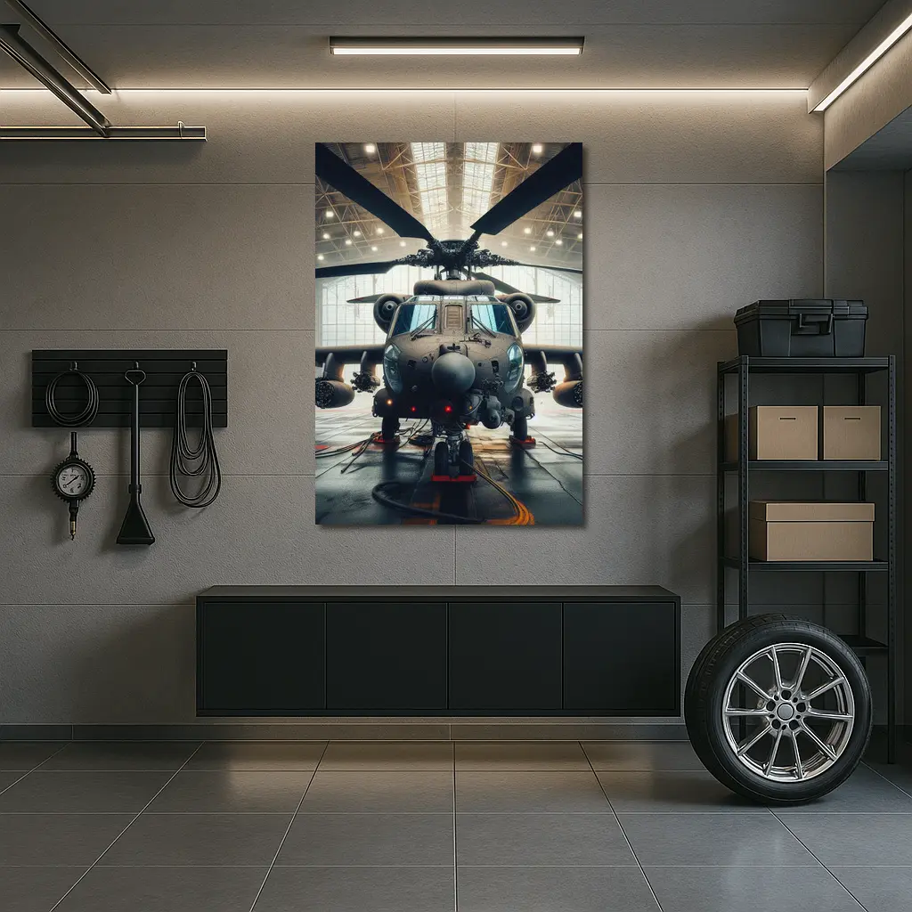 Military Attack Helicopter Inside Hangar – Wall Art