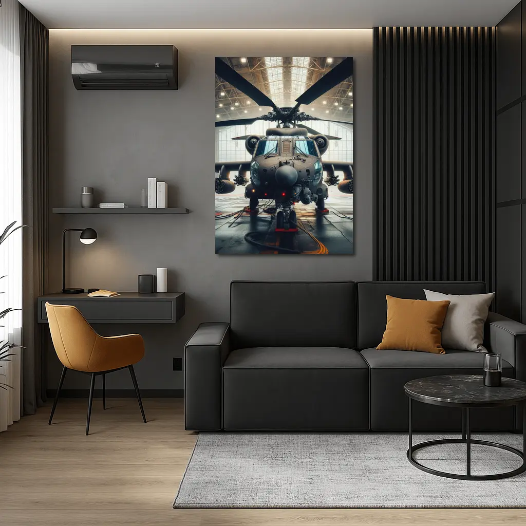 Military Attack Helicopter Inside Hangar – Wall Art