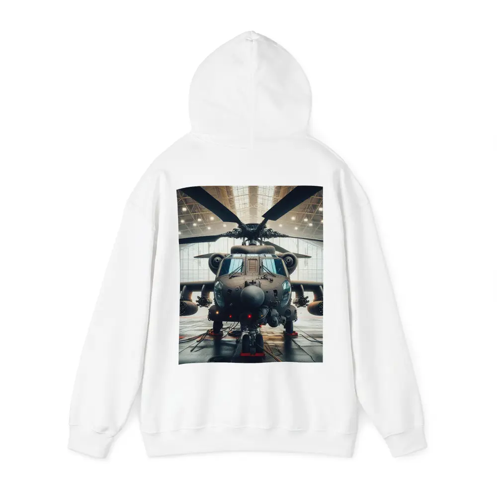 Military Attack Helicopter Inside Hangar – Hoodies